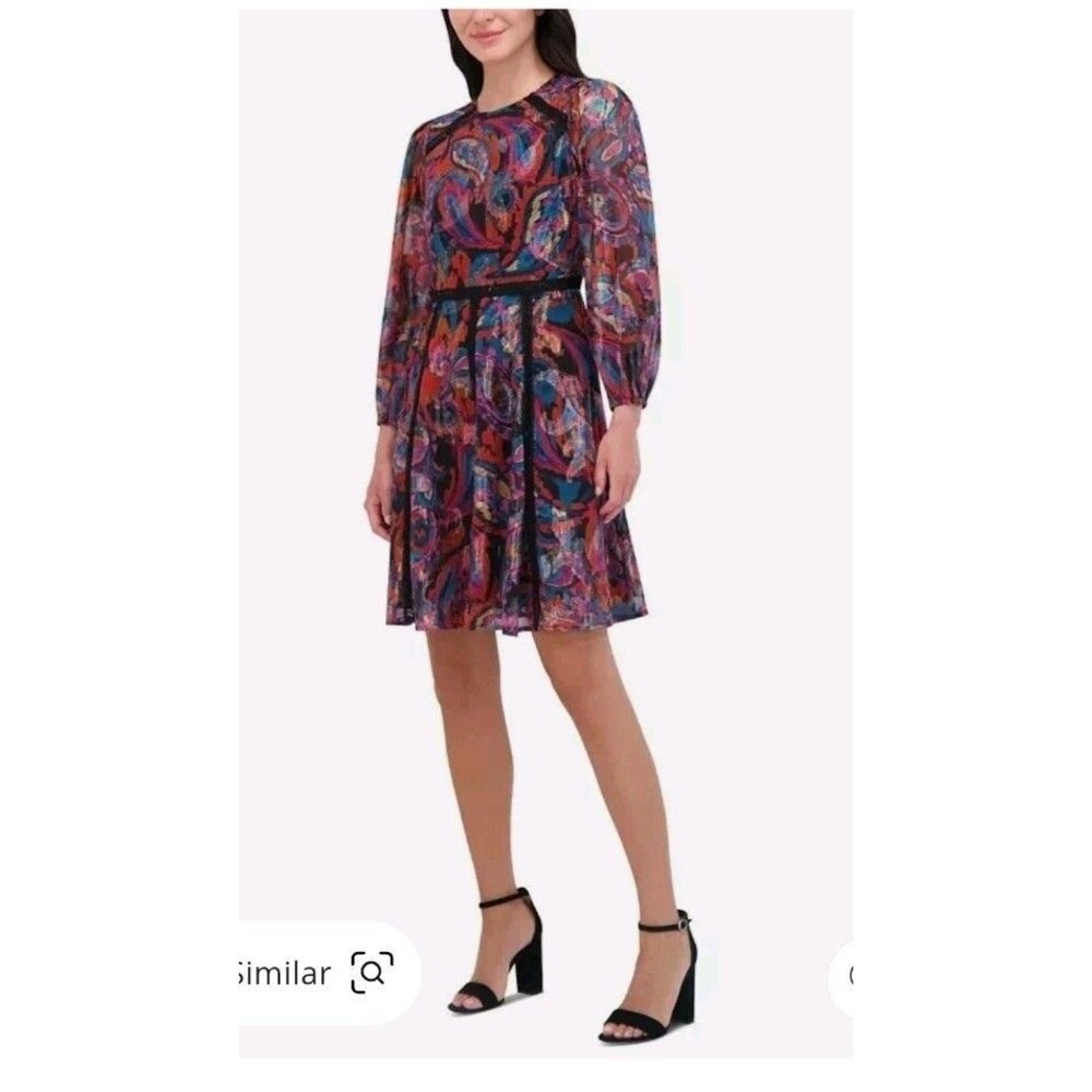 Vince Camuto Dress Womens 10 Multicolor Fit & Flare Long Sleeve Chiffon Lined